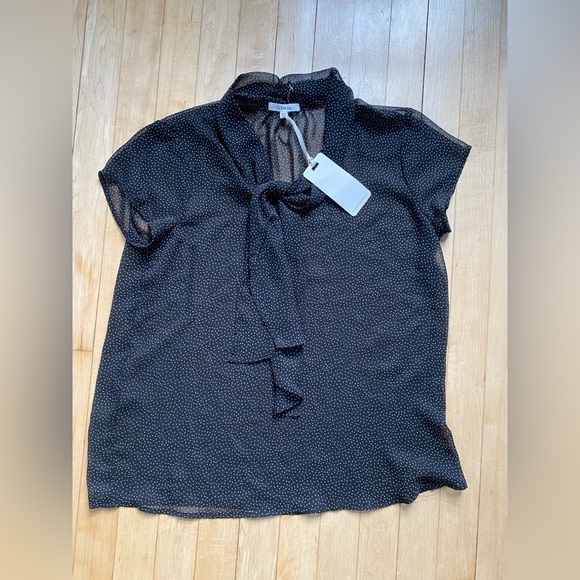 New Pleione Tie Neck Polka Dot Sheer Short Sleeve Blouse black - Picture 3 of 5